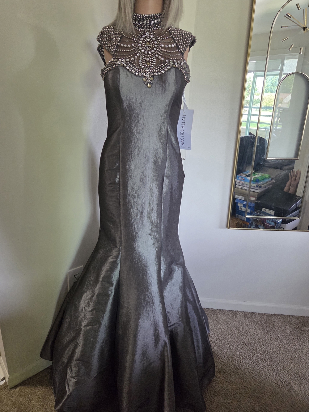 Rachel Allan Metallic Gunmetal Beaded High-Neck Mermaid Gown Size 2